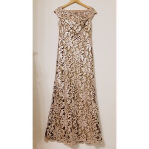 VTG Tadashi Shoji Women Formal Dress Sz 6 Sequin Lace Blck Gold Weddind Glam Y2K